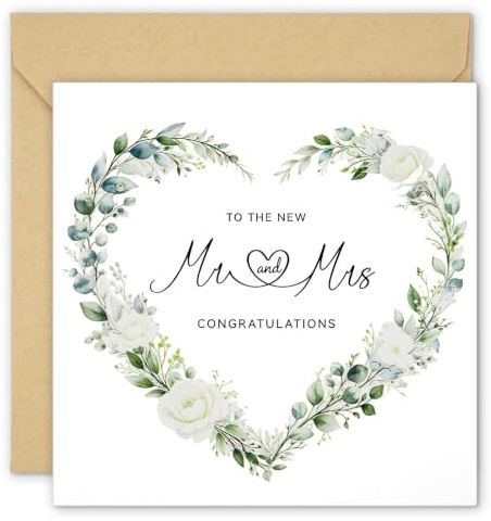 AXFEE Bröllopskort för brud och brudgum, vit och grön blommig krans design | 15 x 15 cm, kraftkuvert, fyrkantigt gratulationskort, Grace, Flower Heart Congratulations to the New Mr and Mrs