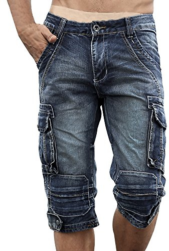Idopy Men`s Cargo Denim Biker Jeans Shorts with Zippers Blue 34
