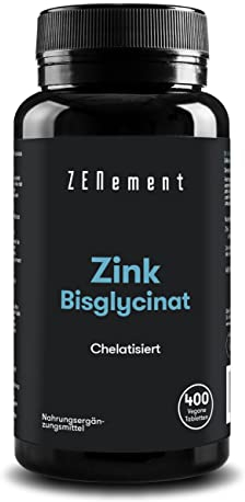 Zink-Bisglycinat, 400 Vegan Tabletten | Antioxidans, das Immunsystem stärkt, Haut, Haare sowie die Sehkraft unterstützt und gesund erhält | Vegan | Zenement