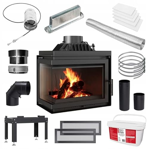 KRATKI Einfacher holzbefeuerter Kamineinsatz Lufteinlass BImSchV 2-konform 8kW Thermischer Wirkungsgrad 75% Abgasauslass fi 200 mm dekorative Glasscheibe aus Gusseisen links