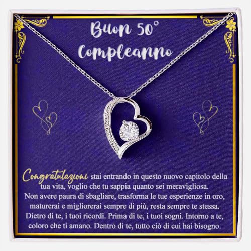 Bramart Collana Donna Compleanno 50 Anni, Finitura in Oro, Argento Idee Regali per lei Festa Evento speciale - Cofanetto con DEDICA incluso (Argento - 50 Anni)