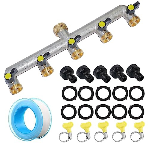 RoseFlower Divisor de Manguera de 5 Vías de Latón con Válvula Independientes, 3/4 Divisor de Manguera de Jardín - Bifurcador Grifo Jardin Distribuidor y Adaptador para jardinería, Riego doméstico
