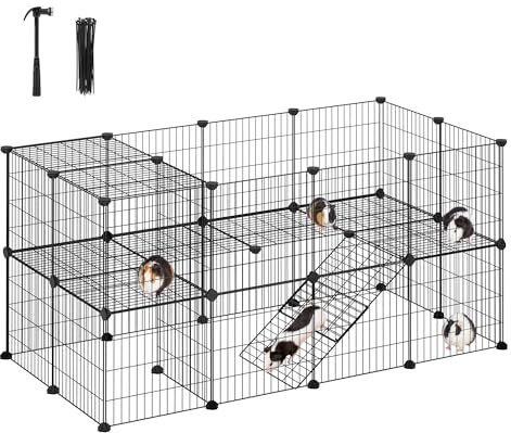 SONGMICS 36 Panels Pet Playpen, Small Animal Playpen, Rabbit Guinea Pig Cage, Zip Ties Included, Metal Wire Apartment-Style Two-Story Pet Premium Villa for Bunnies Puppies,Indoor Use, Black ULPI002B01