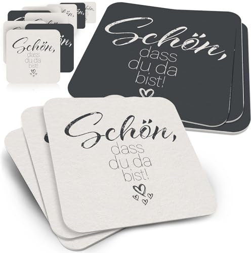 50x Bierdeckel 'Schön, DASS du da bist!' - Funke & Brand Graue Untersetzer, 50 Stück - Elegante Tischdekoration für besondere Anlässe