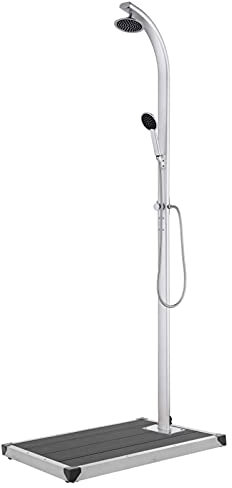 Sufrk Trädgårdsdusch med grå bas 220 cm aluminium, trädgårdsdusch, utomhusdusch med ställ, idealisk för utomhusbruk, trädgårdar och pooler, semestrar eller camping