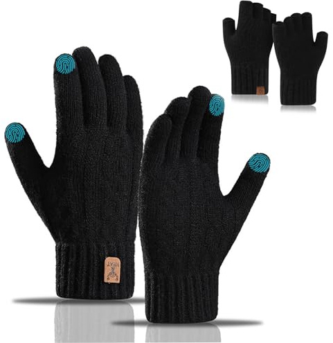 FOSDICK 2 par termiska handskar herr dam, mjuka fingerlösa handskar, taktila handskar, förtjockade vinterhandskar för män, ullhandskar för utomhussporter, promenader, klättring, arbete, svart