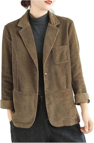 Vagbalena Chaqueta blazer de pana con solapa de primavera para mujer chaqueta informal de manga larga con botones y cintura ajustada con bolsillo chaqueta de pana de color liso (Café,M)