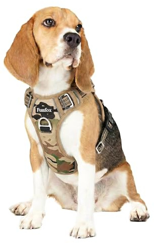 Funfox Dog Harness No Pull, Adjustable Pet Vest Harness, Super Soft Material with Vertical Handle Easy Control, Reflective Night Walking, 2 Leash Clips for Medium Sized Dogs, Camo Brown, M