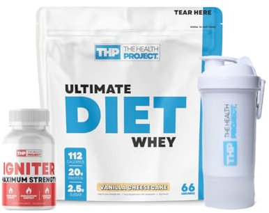 The Health Project Diet Protein & Fat Burner Bundle. Low Cal Weight Loss Protein Powder, Ultimate Igniter Fat Burner, Green Tea & High Caffeine & Shaker Bottle (2kg, Vanilla Cheesecake)