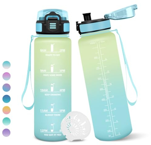 Motswedi Botella Agua, 1 litro Libre de BPA, Botella Agua Gimnasio, Con Marca de Tiempo, Botellas, Diseño de Cerradura a Prueba de Fugas, Botellas Para Niños para Deportes - Cielo Azul