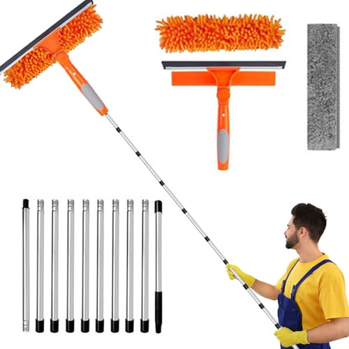 4,5m Lave Vitre Telescopique, Raclette Vitres avec Télescopique Manche，avec Raclette en Silicone et Brosse en Microfibre Manche Telescopique pour Nettoyer Vitres，kit Nettoyage vitre (Orange)