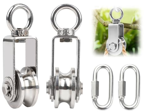 2 Stück Umlenkrolle Edelstahl 34mm mit Drehbarem Wirbel, Umlenkrollen für Seile 10mm mit Karabiner, Seilrolle Edelstahl Fitness, Tragkraft 250kg