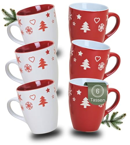 Bellissime tazze natalizie, set da 6 pezzi, con motivo natalizio, 300 ml, colore rosso, bianco