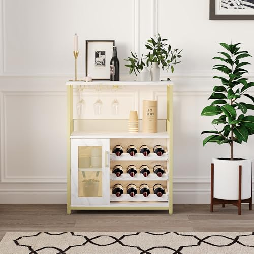 GarveeHome Armario para vino con iluminación LED, armario de bar industrial 70x35x92 cm, estante para vino ajustable con soporte para vasos para cocina, comedor, salón, mueble de cafetería - C
