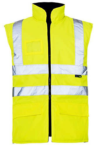 Mens Hi Viz Reversible Fleece Lined Bodywarmer Waistcoat Gilet Vis Visibility Workwear Building Roadworks Auto Repair Garage Warm Railway Reflective Stripes Tape Sleeveless Jacket Work Yellow