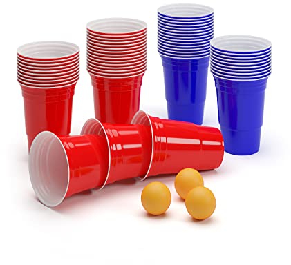 Vasos de plástico BeerCup para fiestas y Beer Pong, color rojo y azul, incluye pelotas y reglas del juego (idioma español no garantizado), 25 Rote & 25 Blaue Becher