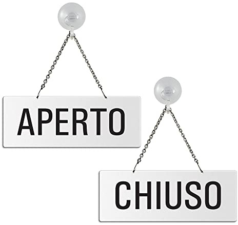 Cartello Aperto - Chiuso in melamina bianco | con catenella e ventosa | 175x65 mm | 31212-WS