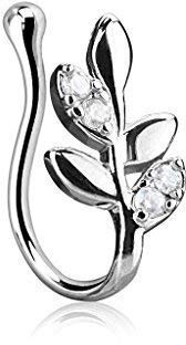 Tapsi´s Coolbodyart® Nasenpiercingfake Nasenclip Gebogen Messing Olivenbaumblatt Zirkonia
