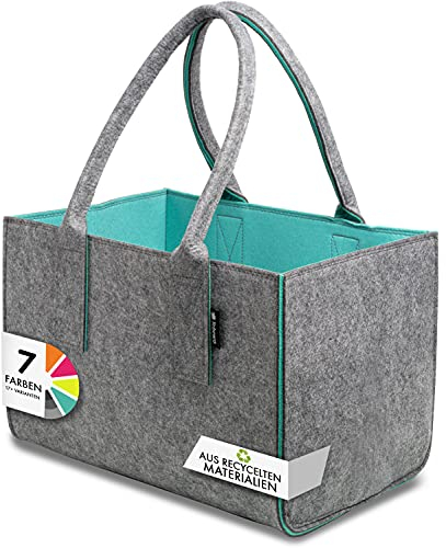 Tebewo Shopper Filztasche Premium, große Einkaufs-Tasche mit Henkel, Einkaufskorb, faltbare Kaminholz-Tasche zur Aufbewahrung von Holz, Tragetasche auch zur Spielzeug Aufbewahrung, Dunkelgrau/Türkis