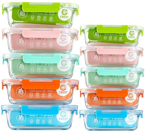 Glass food storage containers, 10 pieces (a set of five colors), meal preparation containers with lids for kitchen, home, airtight glass containers