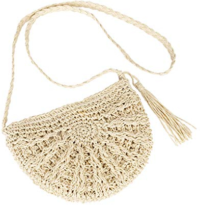 MaoXinTek Stroh Crossbody Tasche Frauen Handarbeit Weben Umhängetasche Retro Halbkreisförmig Sommer Strand böhmische Quaste Schulterbeutel Geldbörse für Reisen Urlaub Beige