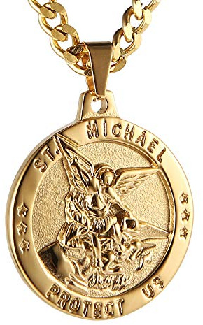 HZMAN St Michael The Archangel Catholic Medal Stainless Steel Amulet Pendant Necklace 22+2 Rolo Curb Chain (Gold-1)