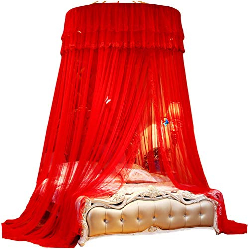 Kaiyei Moskitonetz Universal Himmelbett für Doppel, Einzel, Kinderbetten, Prinzessin Betthimmel Rund mit Klebehaken Schlafzimmer Schmetterling Dekoration Schlafzimmer Romantisch Palast Rot 120cm×200cm