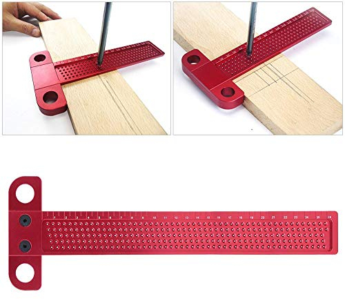 Holzbearbeitungs-Lineal, Holzbearbeitungs-Lineal T-Typ Aluminiumlegierung Lochlehre Zimmermann Markierungswerkzeug(rot)
