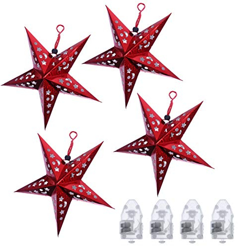 Papierstern Weihnachtsstern Papier Adventsstern Rot Lampenschirm Hohl 30CM Faltsterne mit Mini LED Lichter 4 Set Weihnachtsbaum Weihnachten Hochzeit Geburtstag Party Dekoration