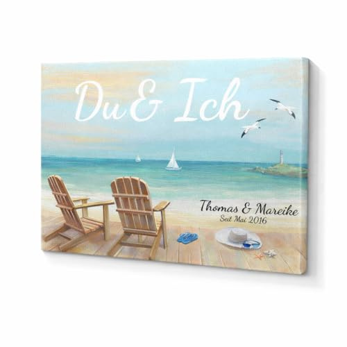 Deutsam Individuelle Leinwand Du & Ich mit eigenen Namen Geschenk für Verliebte Valentinstag Strand Panorama Handgezeichnet Geschenkidee Wohndeko Leinwandbild Liebespaar