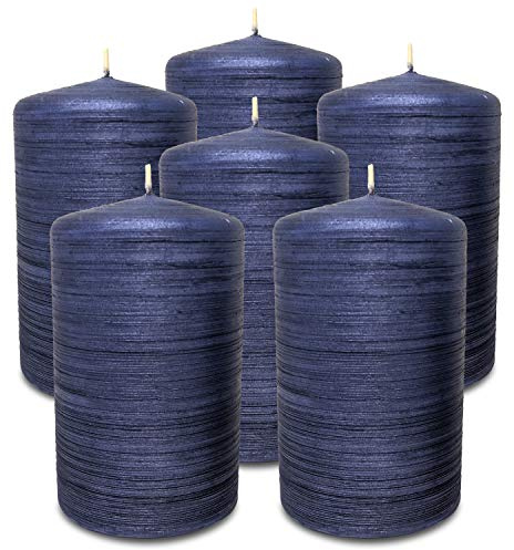 Hyoola Gebürstetes Metallic Stumpenkerzen - Blau 6er-Pack - Mitternachtsblau - Dekorative Groß Hergestellt in EU - Lange Brenndauer - 6 cm x 10 cm