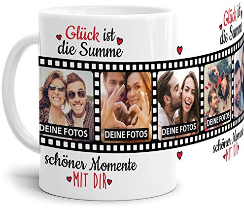 Tasse mit Spruch - Schöne Momente mit Dir - Fotocollage zum selbst Gestalten mit 5 eigenen Fotos - Weiß, 300 ml