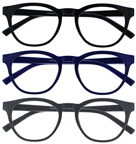 OPULIZE BLU Blaulichtfilter Lesebrille für Damen Herren, Blendfreie UV400-Schutz Federscharnier Anti-Müdigkeit, Runder Rahmen, Computerbrillen Gaming, 3er-Pack Schwarz Blau Grau +1,50
