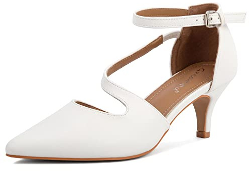 Greatonu Damen Low Heels Kleid Pointed Kitten Pumps Schuhe Weiß EU 37