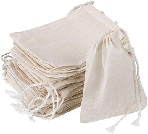 GIYOMI 20 Pcs Muslin Drawstring Bags - Natural Unbleached Cotton Straining Herbs Cheesecloth, Coffee Tea Brew, Soup Gravy Broth Stew, Bone Broth Brew, Spice Bags - 6 x 4 Inches