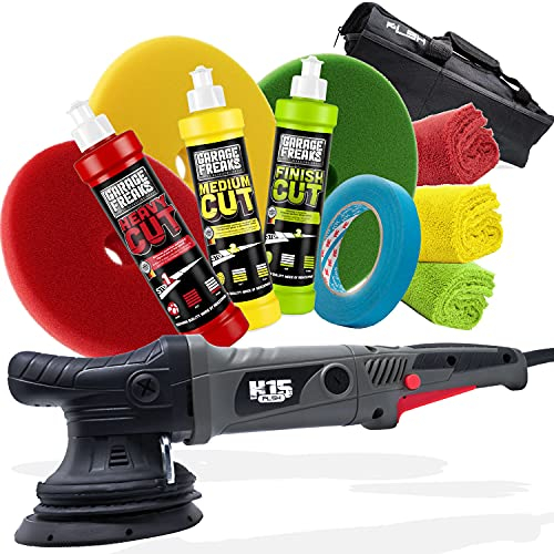 Kit de polissage professionnel pour voiture - PLSH H15 polisseuse excentrique, plateau support 125mm - Garage Freaks Heavy Cut, MEDIUM Cut, Finish Cut polish, 250ml - 3 pads - 3M ruban - 3 chiffons