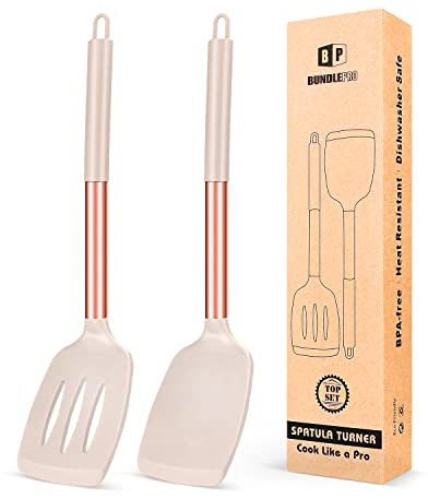 Pfannenwender aus Silikon, mit Antihaft-Schlitzen, hitzebeständig, BPA-frei, ideales Kochgeschirr für Fisch, Eier, Pfannkuchen, Set mit 2 Stück (Roségold-Khaki)