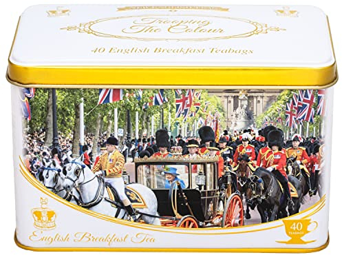 New English Teas Trooping The Colour Tea Tin with 40 English Breakfast Teabags, Queen Elizabeth II