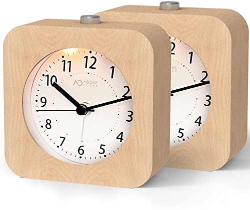 aboveClock Reloj Despertador analógico de Madera, Reloj Despertador Cuadrado con repetición de Alarma, Funciona con Pilas, sin Tic-TAC, luz Nocturna, Despierta Suavemente【2 Packs】