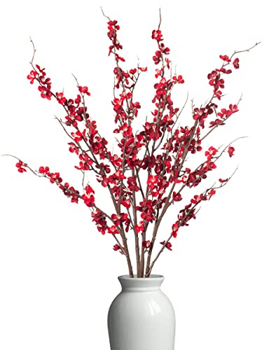 Ammyoo 4 Flores Artificiales de Ciruelo para decoración de Fiesta, Flores de Cerezo Falsas, Tallos Largos de Invierno, arreglos de Flores de Seda para Boda, hogar, Oficina, Dormitorio (Rojo)