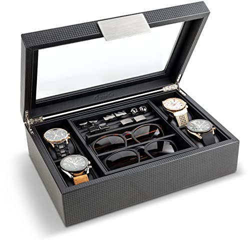 Glenor Co Valet Jewelry Box for Men - Holds 4 Watches, 12 cufflinks, 2 Sunglasses & Tray Storage - Mens Watch Case - CarbonFiber Organizer w Metal Accents, PU Leather & Large Glass Lid - Black