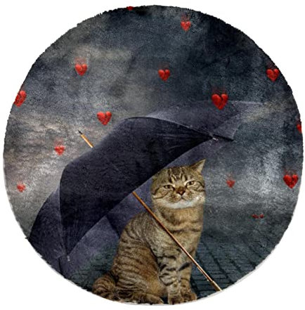 Personalisierter weicher runder Kunstfell-Teppich Shaggy-Teppich lustige Katzen mit Regenschirm, Herz für Schlafzimmer, Wohnzimmer