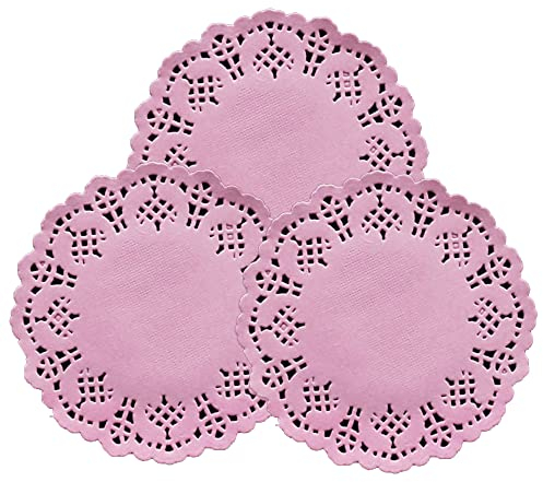 DXIA 100 Stück Rosa Spitze Papier, Rund Papierdeckchen, Tortenspitze Papier, 3.5 Zoll, Tortenspitze Kuchen,Kuchen Verpackung Pads für Hochzeiten,Geschirrdekoration