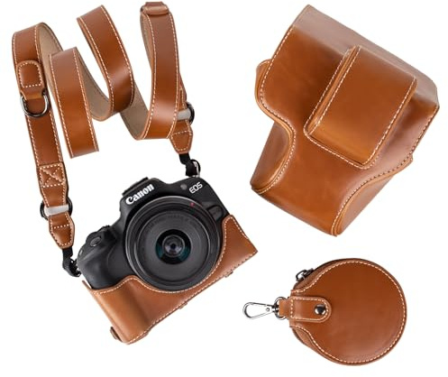 MUZIRI KINOKOO EOS R50 R100 Kameratasche, Retro-Schutzhülle aus PU-Leder für die Canon EOS R50 R100 DSLR-Kamera mit 18-45-mm-Objektiv – mit Bodenöffnung, Schultergurt und Aufbewahrungstasche - Braun