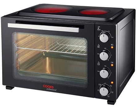 Cooks Professional Mini Portable Oven with Ceramic Hobs | Energy Efficient Electric Countertop Cooker with Two Hot Plates & Wire Rack Baking Tray | Kitchen Grill Ovens | 48L Capacity | Black & Silver