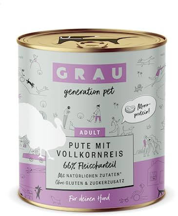 GRAU Våtfoder med kalkon och fullkornsris för vuxna hundar, monoprotein, glutenfritt, originalprodukt, 6-pack (6 x 800 g)