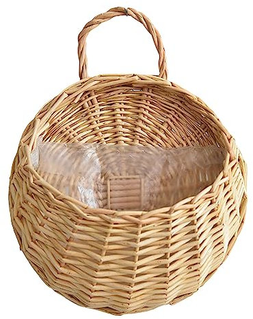 Macetero colgante para valla de pared, cesta de mimbre hecha a mano, cesta de mimbre de ratán hecho a mano, colgador para macetas, decoración de jardín, interior y exterior, maceta exterior (beige, A)