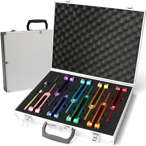 RATSTONE Diapason Therapeutique,Set de 8 diapasons avec base + 1 marteaux en silicone et chiffon de nettoyage, idéal pour la guérison des chakras, la guérison par le son et l'anti-stress.