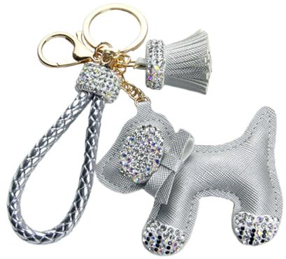 NLYNX Glitzernder Kristall-Strass-Schlüsselanhänger für Hunde, Leder, Quaste, geflochtenes Seil, Auto, modisch, Welpen-Schlüsselanhänger für Frauen und Mädchen, Taschenanhänger, silber, One size