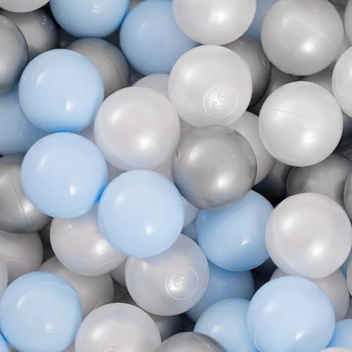 MISIOO Bälle für Bällebad 150 Stück - Bälle Ø 6 cm - Plastikbälle hergestellt aus 100% LDPE - Spielzeug Baby - Hellblau/Perlen/Silber